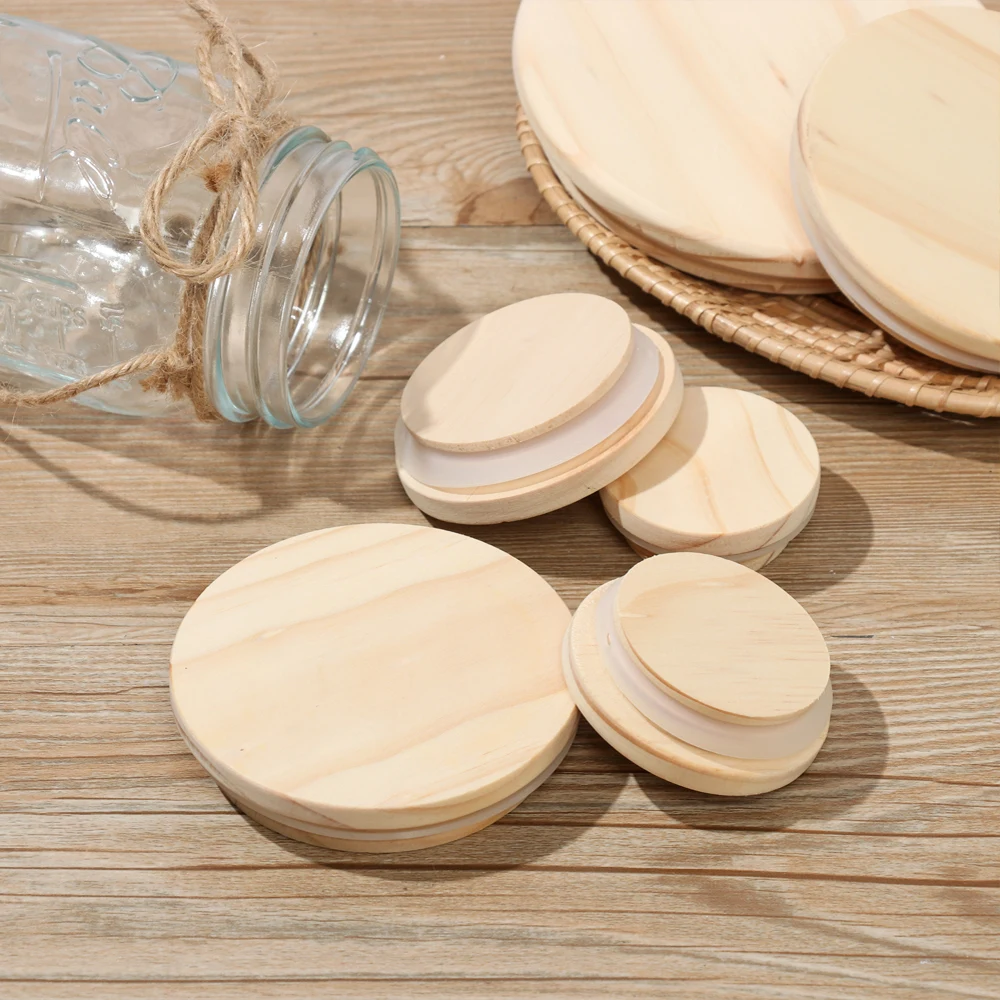 Various Sizes Bamboo Lids Reusable Mason Jar Canning Caps Non Leakage Silicone Sealing Wooden Covers Drinking Jar Home Supplies