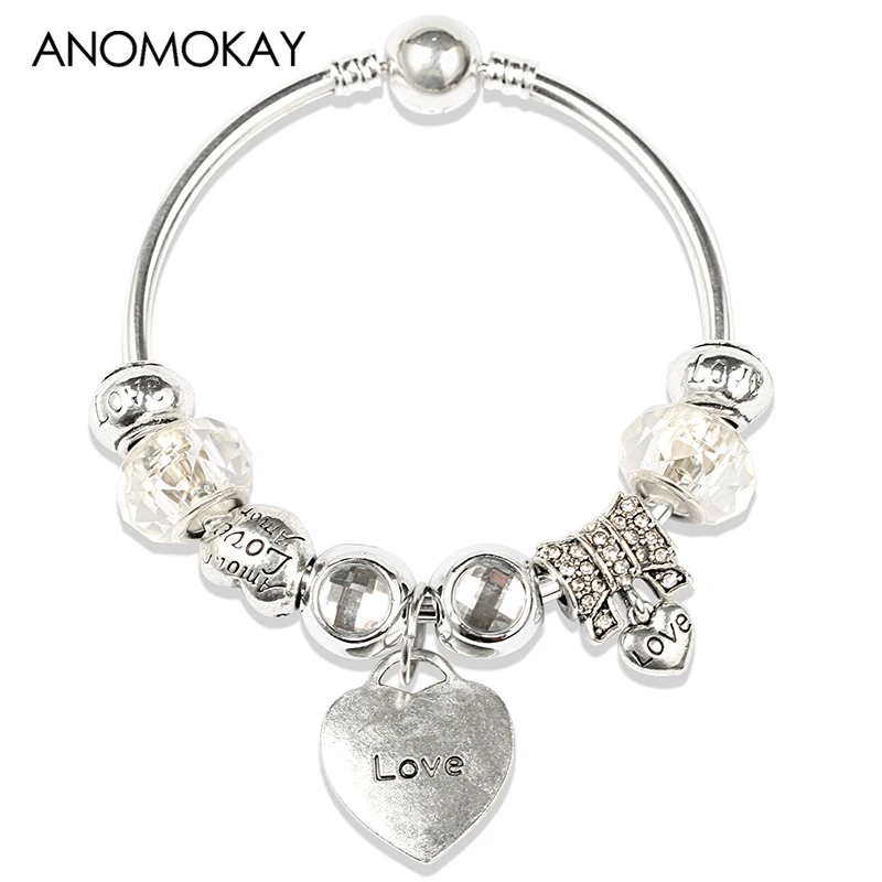 European & American Style Classic White Crystal Glass Bead Bracelet & Bangle Silver Plated Fashion Casual Diy Bead Bangle Gift