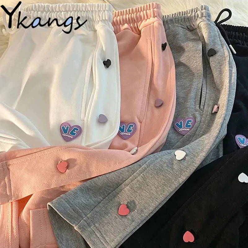 

Heart Print Shorts Women High Waist Women Fashion Korean Style Casual Black Running Shorts Pocket Summer Baggy Wide Leg Shorts
