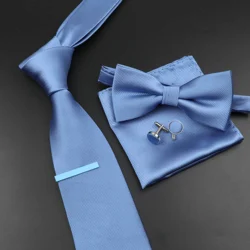 New Men's Tie Bowtie Set Luxury Business Worker Blue Black Solid Color Silk Polyester Jacquard Woven Necktie Suit Wedding Party