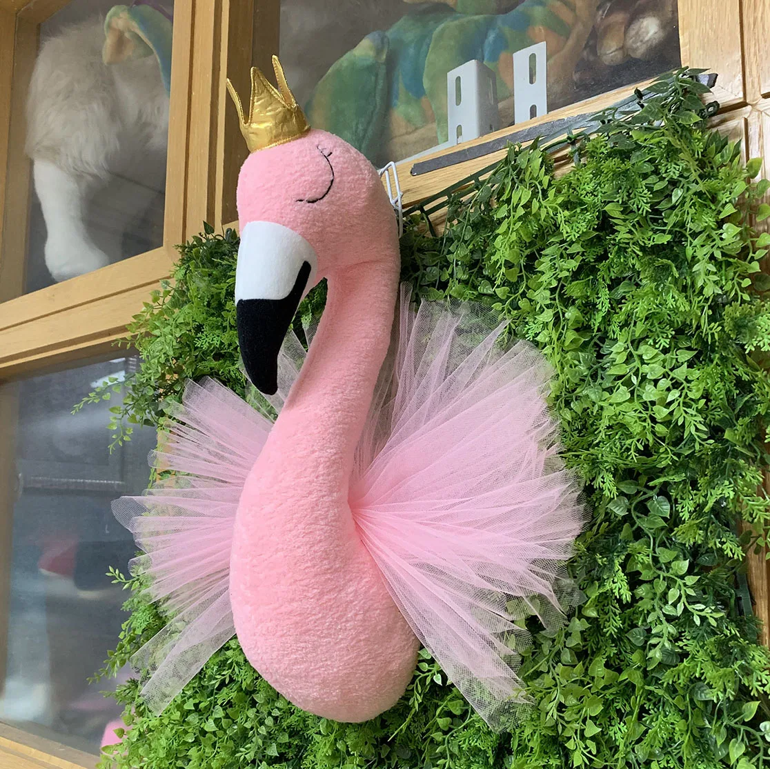 2020 new creative gift for birthday party design dream flamingo head stuffed animal head for kids bedroom wall decoration gift