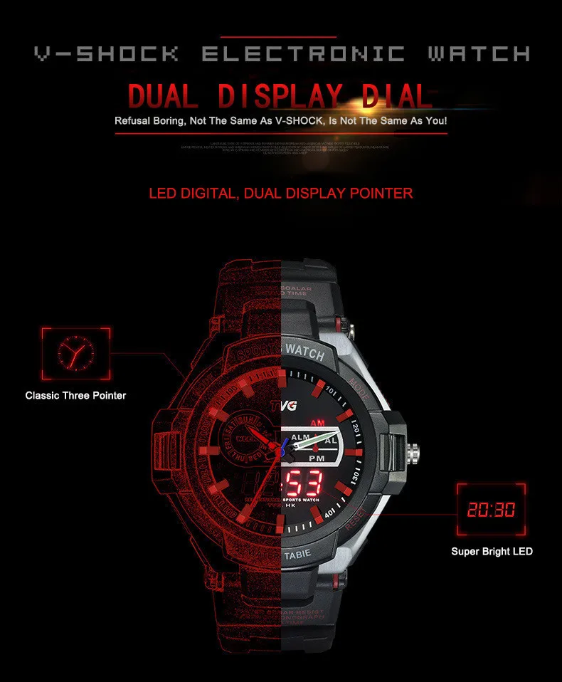 Orologio da uomo TVG 801 orologio digitale V-Schock orologio elettronico LED Dual Display Quartz MAXELL 2032 Relogio orologi da polso digitali