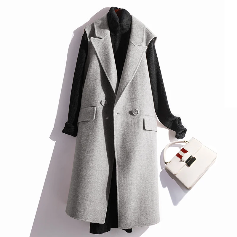 

2019 Fashion 90% Double Side Cashmere Women's Vest Long Wool Coat Female Hooded Waistcoat Women Wool Colete Feminino 269