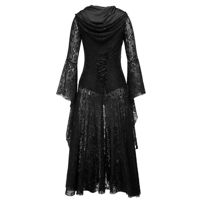 Gothic Hooded Black Halloween Punk Dress Cosplay Women Sexy Lace Goth Long Dress 2024 Victorian Medieval Vintage Steampunk Dress