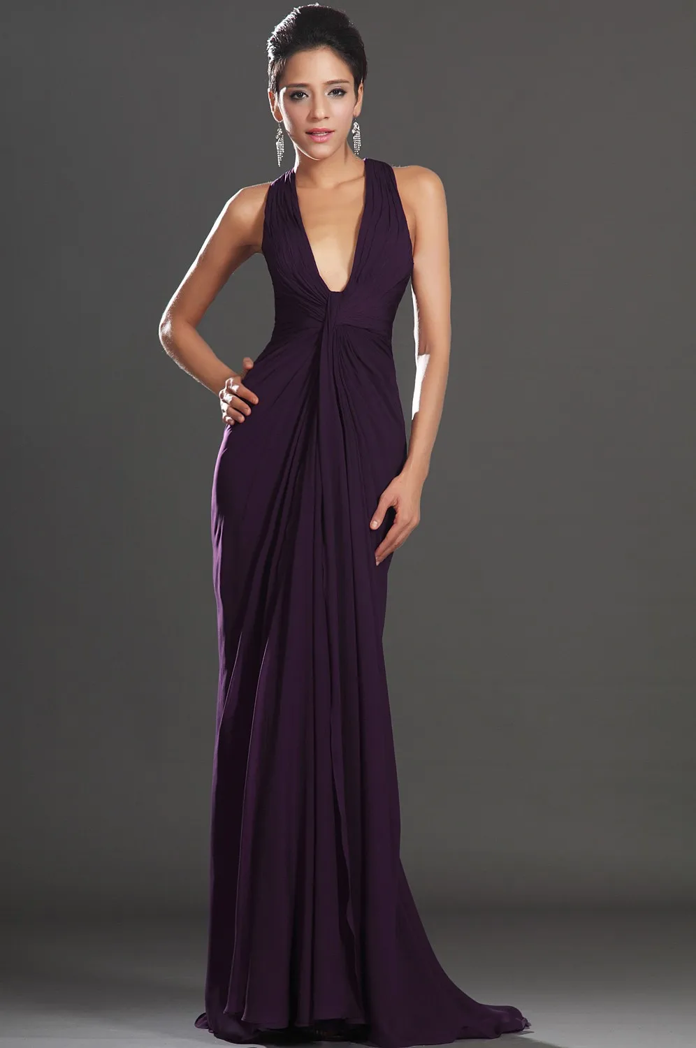 Sexy decote em v profundo longo novo roxo halter tribunal trem chiffon princesa com plissado formal robe de soiree vestidos de dama de honra