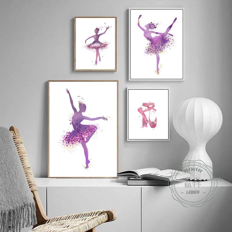 Modern Ballerina Dancer and High Heel Poster Abstract Print Canvas Painting Picture Home Wall Art Purple Graffiti Decoration