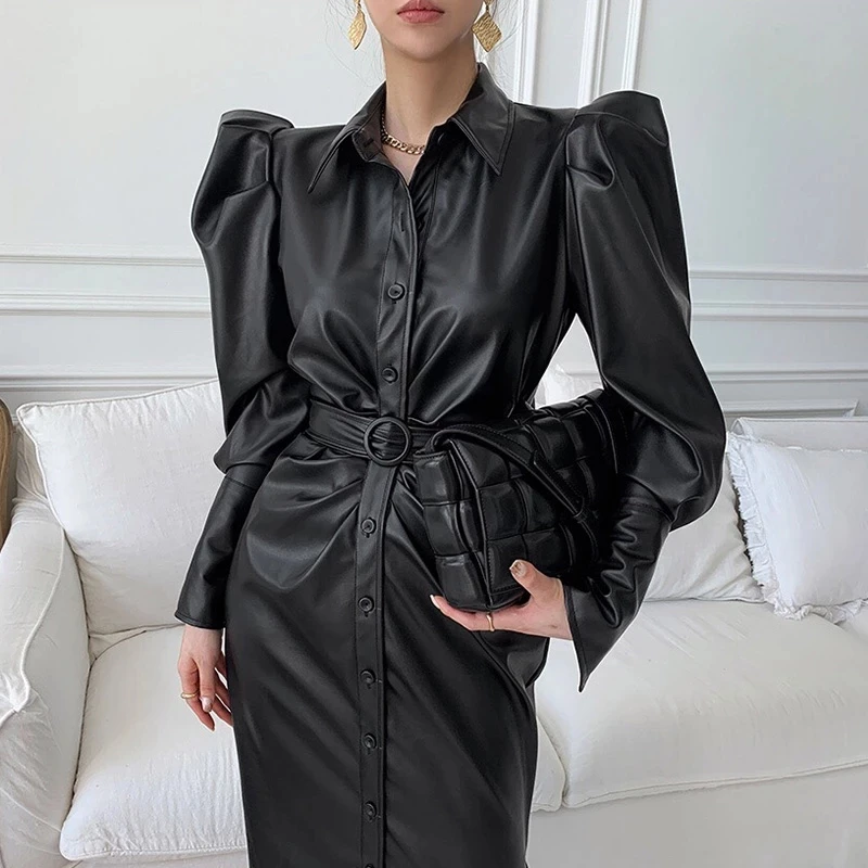 New Women Fashion PU Leather Turn Down Collar Dresses Ladies Chic Black Single Breasted Puff Sleeve Slit Dress with Belt