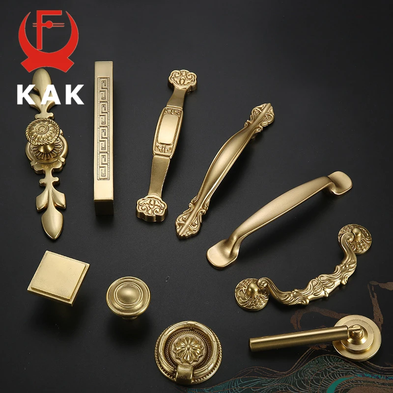 KAK Solid Copper Cabinet Handles Kitchen Cupboard Door Pulls Drawer Knobs European Vintage Brass Gold Furniture Handle Hardware
