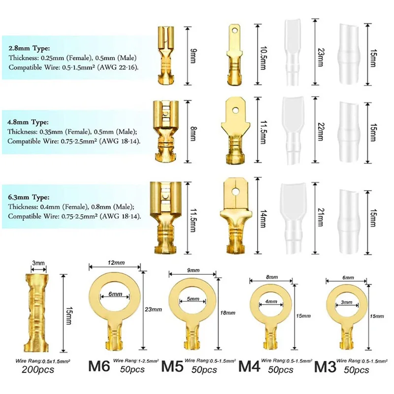 Terminali a crimpare da 1000 pezzi 2.8 4.8 6.3 connettore per cavo con kit di combinazione di isolamento + capocorda ad anello + sede femmina +