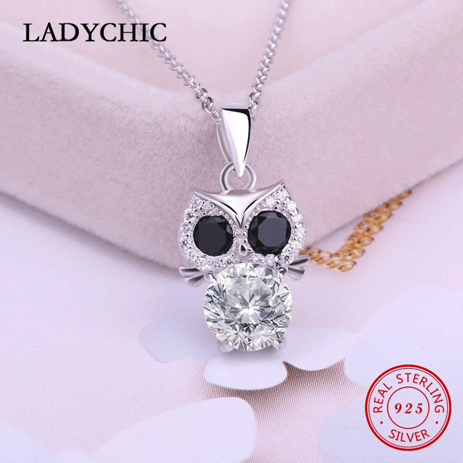 

LADYCHIC Authentic 100% 925 Sterling Silver Animal Lovely Owl Pendant Women Necklace Shining Clear Zircon Silver Jewelry LNS1005