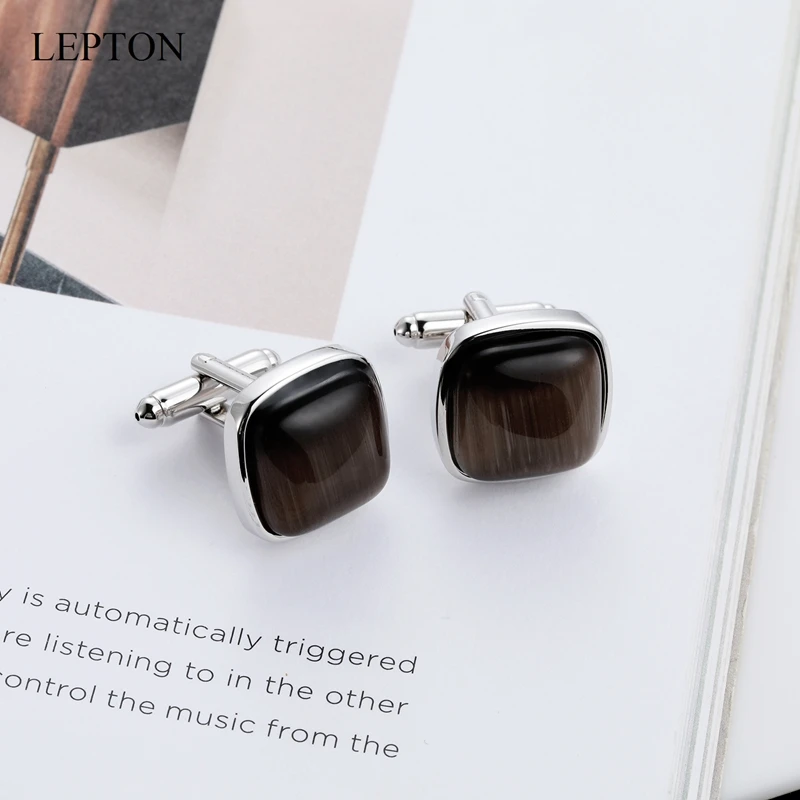 Low-Key Luxury Stone Cufflinks For Mens LEPTON Brown Opal Tuxedo Shirts Cufflink Classic Cat Eye Cuff links Business Best Gifts