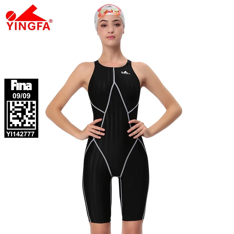 Yingfa FINA Approved One Piece Competition Knee Length Waterproof Chlorine Resistant Women's swimwear Sharkskin Swimsuit Girls