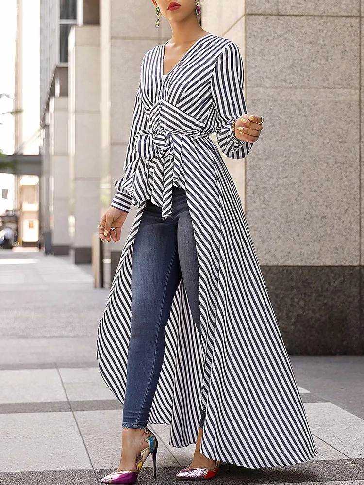 Fashion Women Stripe Long Sleeve Blouse Shirt V-Neck Maxi Dress Tunic Casual Long Tops Business office lady Dress