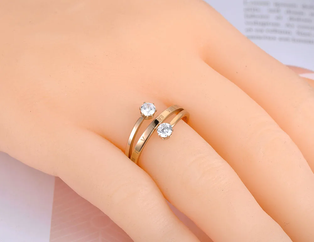JeeMango Trendy Stainless Steel Roman Numerals Rings For Women Rose Gold Color Double Cubic Zirconia Engagement Jewelry JR19118