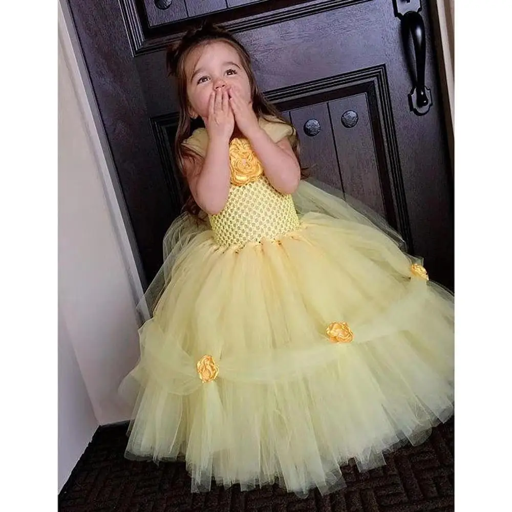 Girls Yellow Bella Princess Tutu Dress Kids Crochet Flower Evening Dress Ball Gown Children Birthday Party Banquet Costume Dress