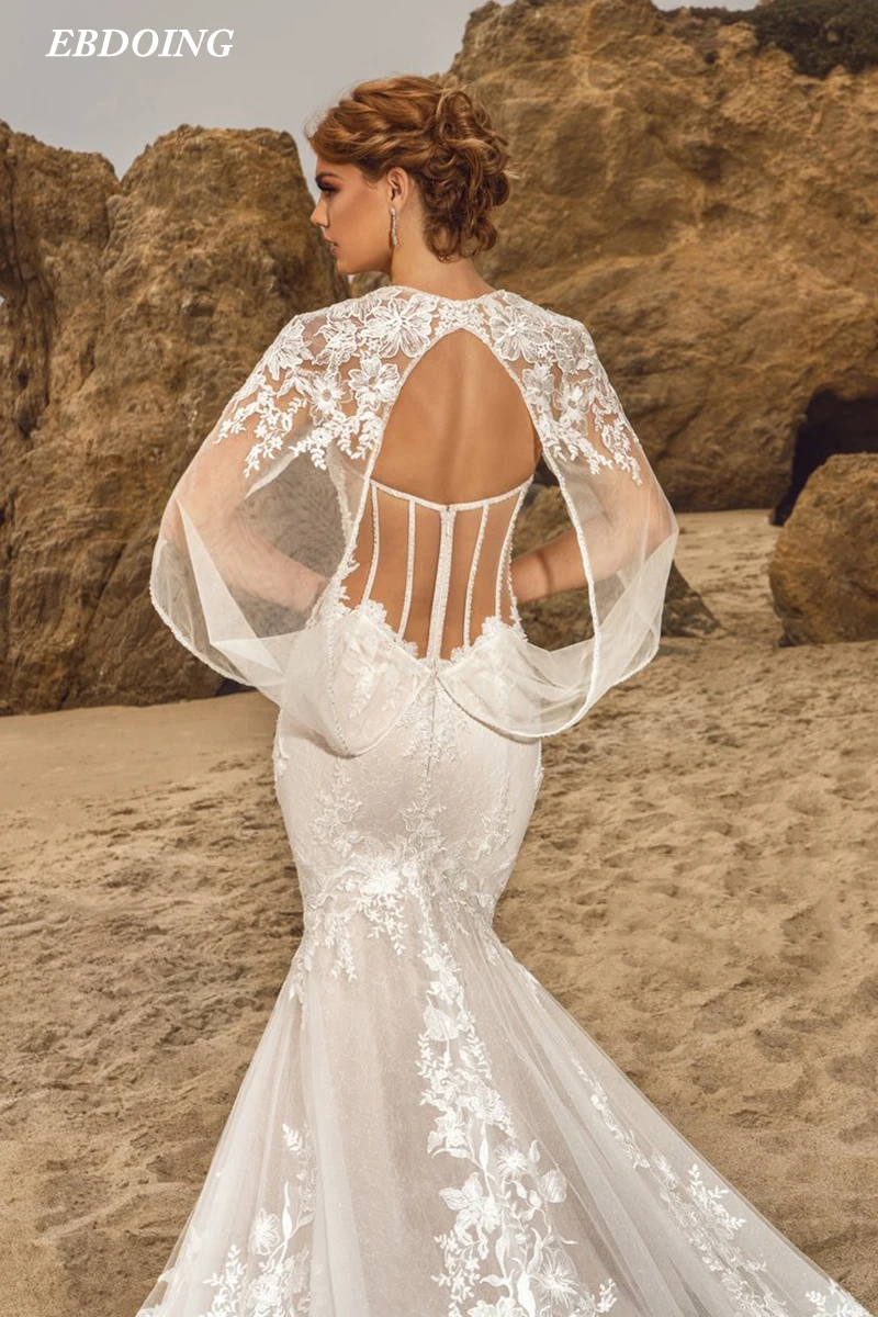 Abito da sposa sirena pizzo scollo a v profondo scollo per sposa Appliques di pizzo Plus Size con alette staccabili abiti da sposa