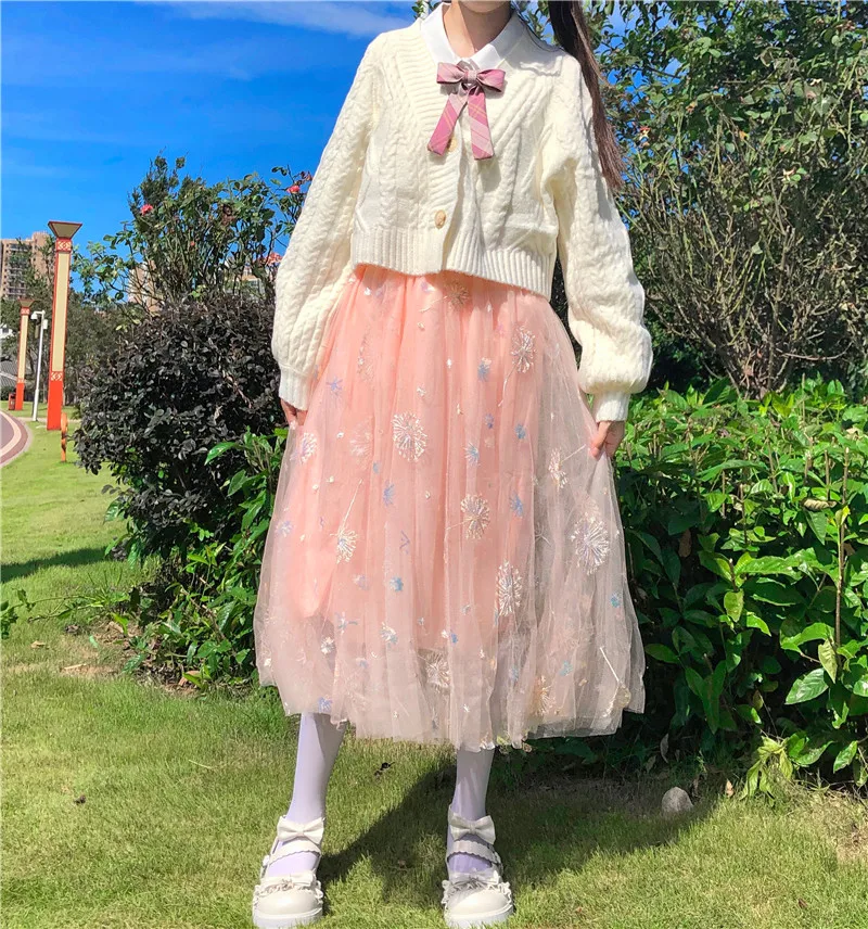 Dandelion Sequined Embroidered Three-Layer Skirt High Waist Slim Mid-Length Fairy Mesh Skirt kawaii clothing sweet lolita Skirt