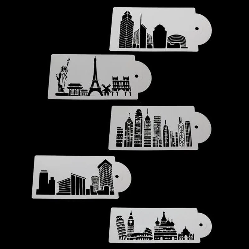 5pcs Tower Building Stencils Painting Template DIY Scrapbooking Lace Mold Graffiti Decorative Embossing Office School Supplies