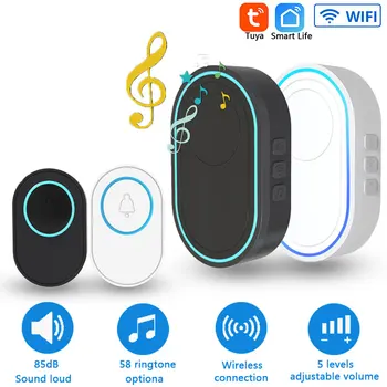 ホームワイヤレス Tuya スマートドアベル 433Mhz ウェルカムドアベル防水ボタン LED ライト 58 曲 5 レベルボリューム 100 メートルドアチャイム