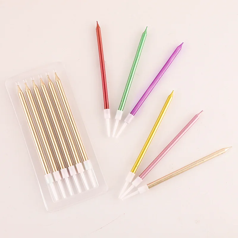 Box Containing 6 Pcs Golden Birthday Party Candles Colorful Small Candles DIY Long Rod Round Gold-Plated Cake Candles