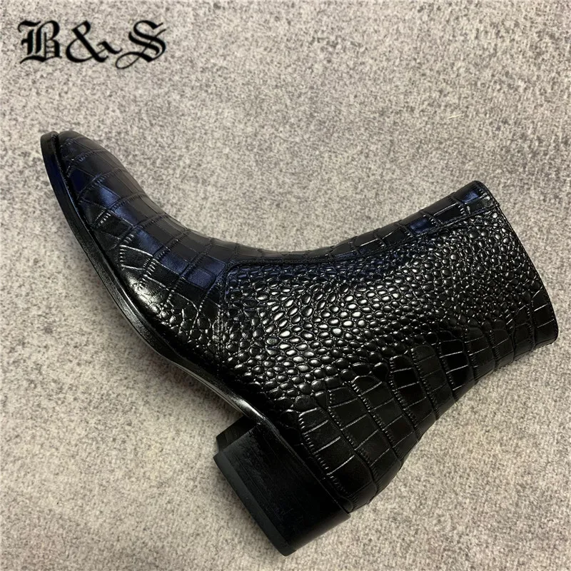 

Black& Street Luxury genuine leather Crocodile pattern wedge zipper Boots pionted toe dress men wedding business Boot