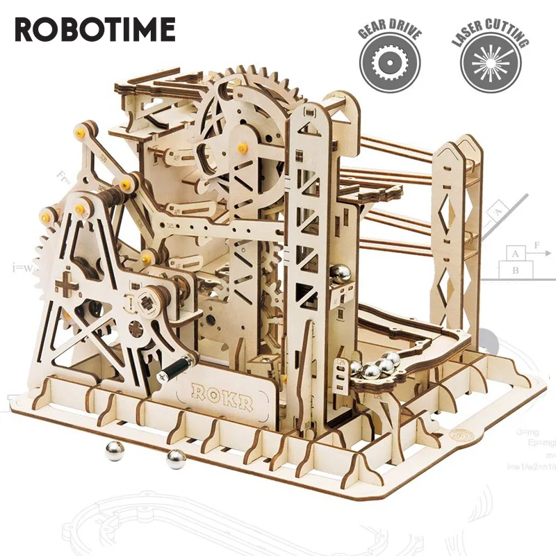 Robotime Rokr-3 tipos de canicas para niños y adultos, rueda de agua, modelo de madera, Kits de bloques de construcción, juguete de montaje, regalo