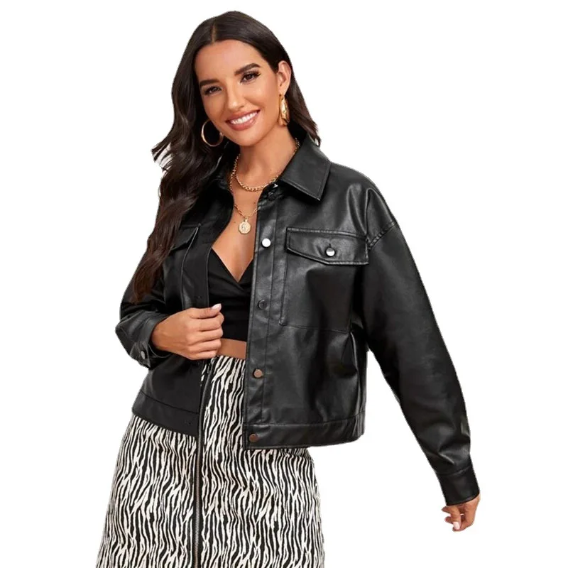 Chaqueta de cuero de estilo callejero para mujer, chaqueta holgada de cuero PU con solapa, moda de motocicleta, Otoño, 2023