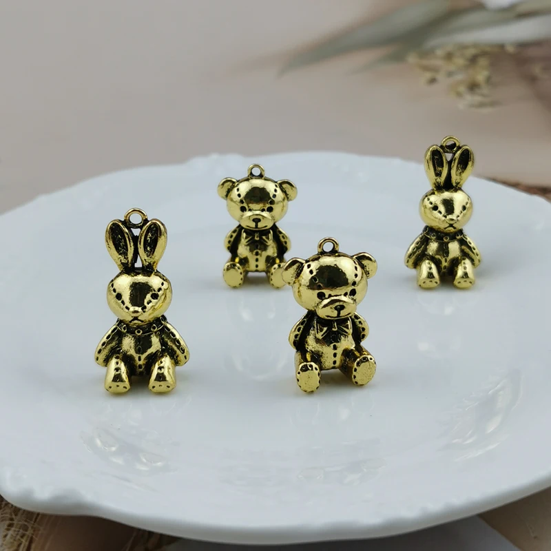10pcs Antique Color Plated Gold Plated Cute Bear rabbit Handmade Charms Pendant:DIY for Bracelet Necklace