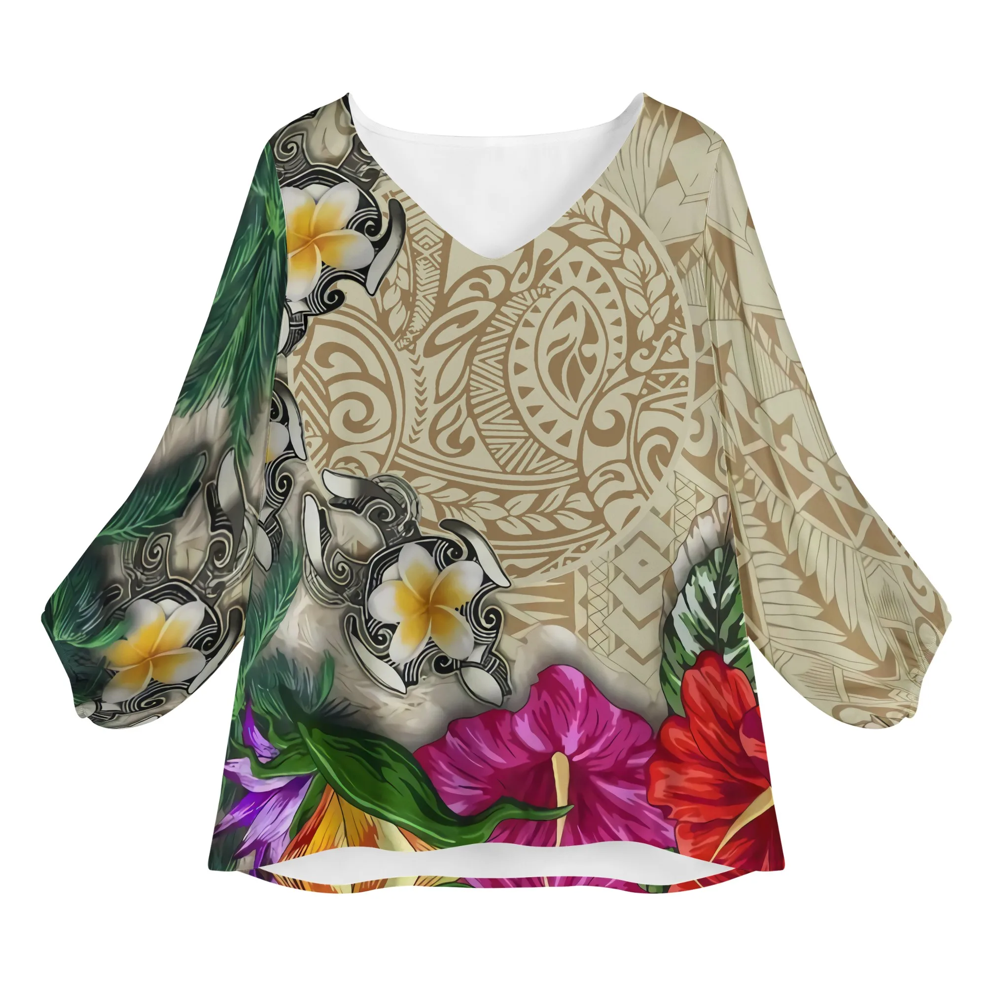 

Custom Casual Colorful Women Polynesian Tribal Design Womens Tops Hibiscus Monstera Leaf Pattern Shirts