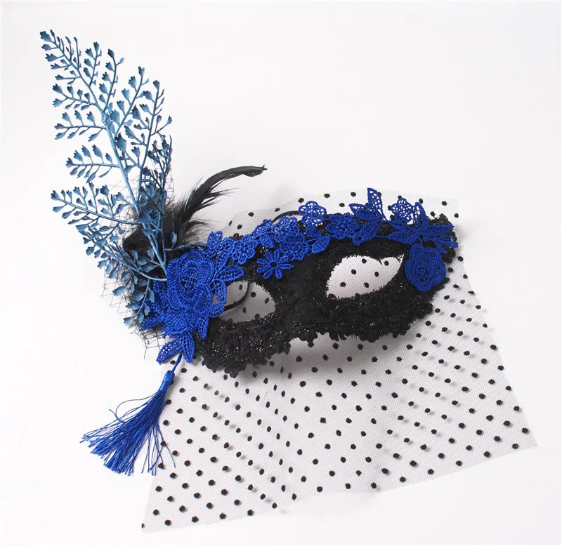 Blue Lace Full Face Party  Mask with Flower