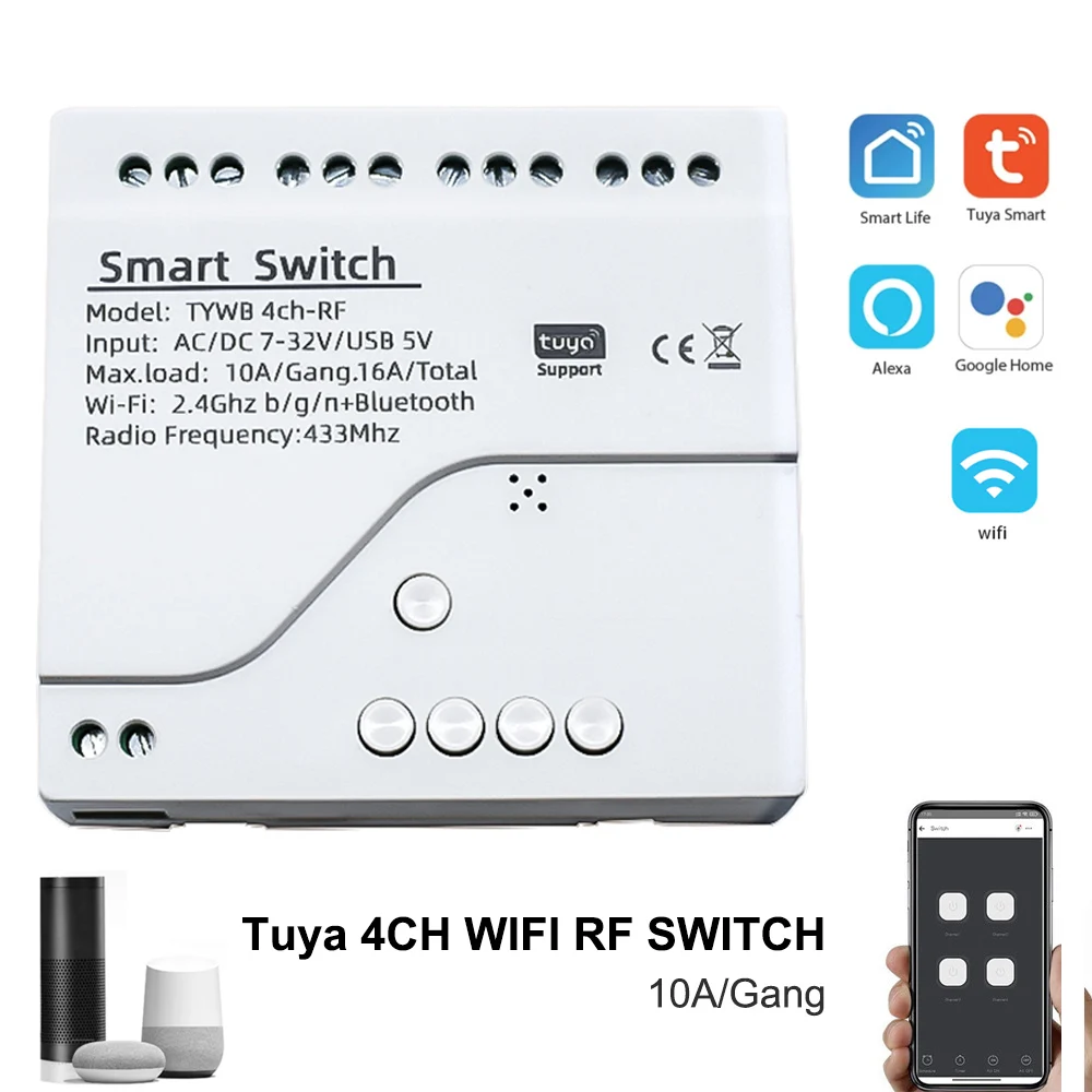 Tuya Smart Remote Control Wireless Wifi Switch Module 4CH DC/AC 7-32V 85-250V 220V 24V RF Receiver 10A wifi Relay For Alexa DIY