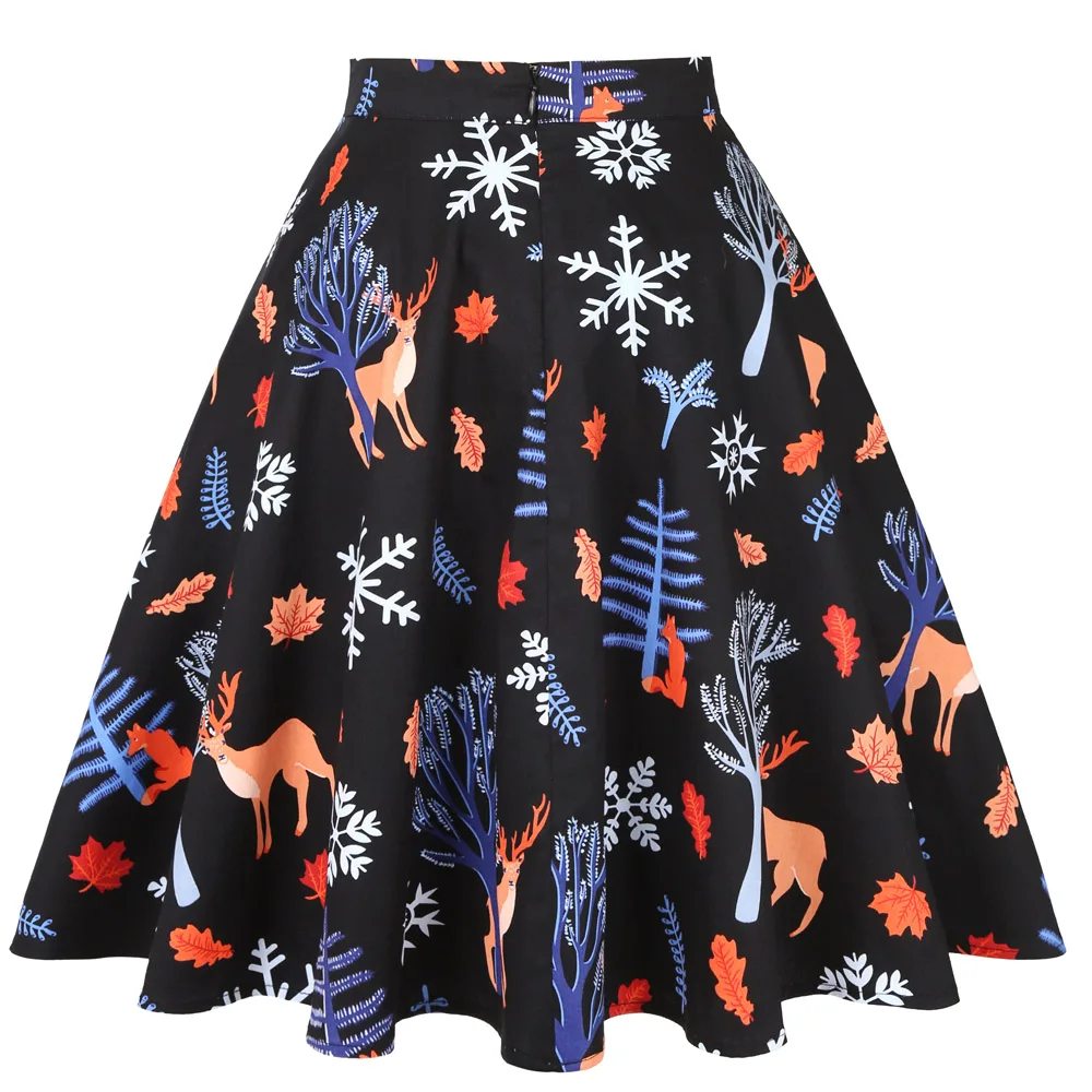 New Year Christmas Skirt Women Ladies Print A line Swing Rockabilly Vintage 50s Cotton Black Skirt