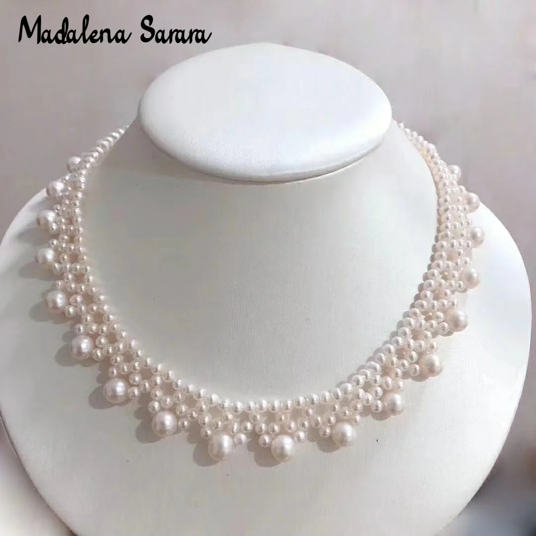 

MADALENA SARARA AAA 3-9mm freshwater pearl necklaceMulti Rows Near Round White Women Necklace Jewelry