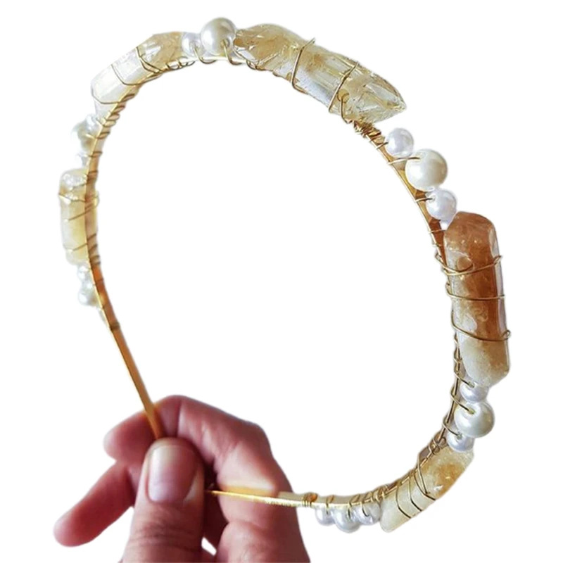 F3MD Natural Stone Raw Quartz Crystal Headband Pearl Beading Crown Hair Hoop Bohemian Wedding Party Jewelry Hair Accessories