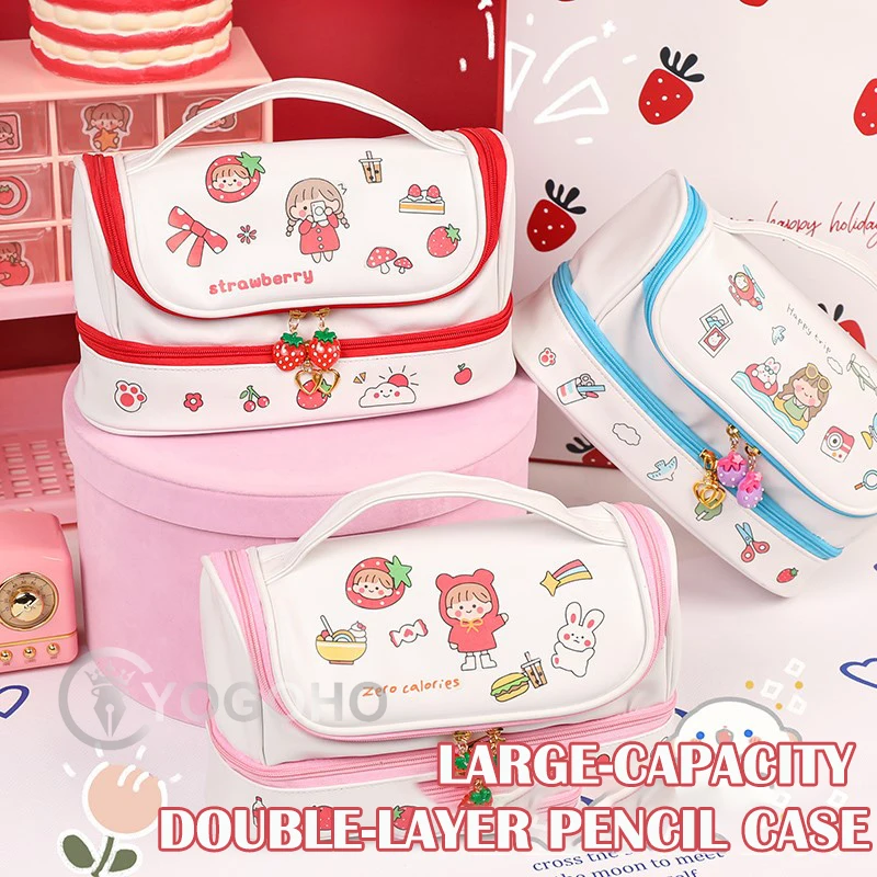 Double-Layer Pencil Case Large Capacity Strawberry Portable Strawberry Love PU Pencil Bag Kawaii Stationery School Supplies