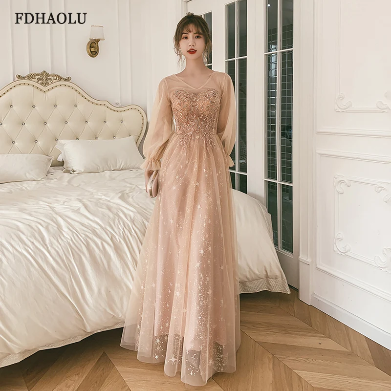 FDHAOLU FU100 abito da sera Sexy con scollo a v Tulle maniche lunghe A-Line lunghezza pavimento Appliques semplici abito da cerimonia formale donna