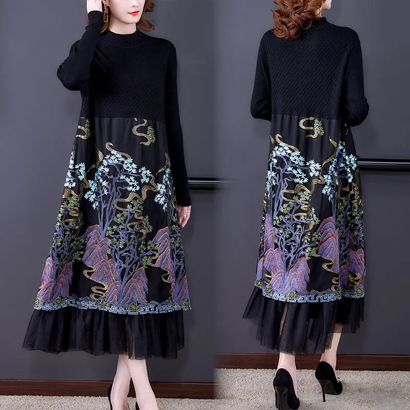 

Knit Embroidery For Winter Sweater Dress Women's Loose Round Neck Long Sleeve Fashion Patchwork Dress Pullover M1442