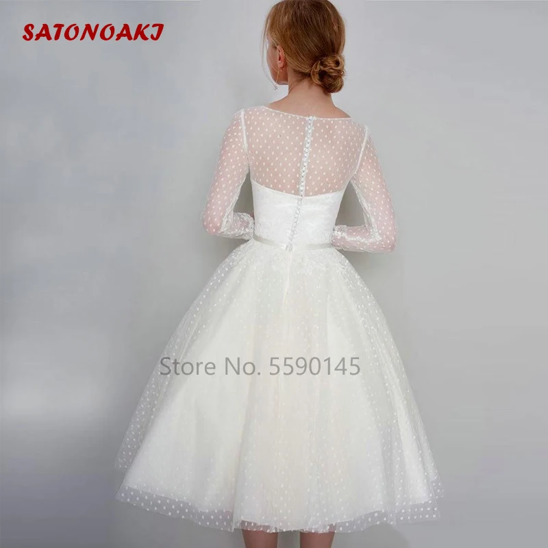 New Knee Length Princess Wedding Dress With Long Sleeves Jewel Sheer Neck Cheap Bridal Gown Vestido De Novia  Robe Mariée France