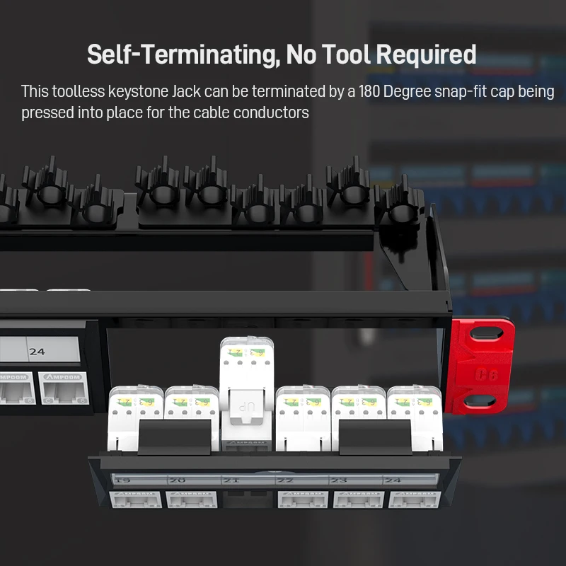 AMPCOM (UL Listed) CAT5e/6 24 Port Tool-Less Keystone RJ45 Patch Panel, Rack Mount - 1U, 19 inch, RJ45 568A/B, 50u Gold Plated