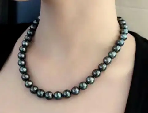 

9-10mm natural tahitian black pearl necklace 14K