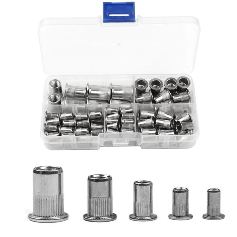 100 PCS Stainless Steel Flat Head Rivet Nuts Set M3/M4/M5/M6/M8 Insert Reveting Multi Size Rivet Nuts Assortment Kit