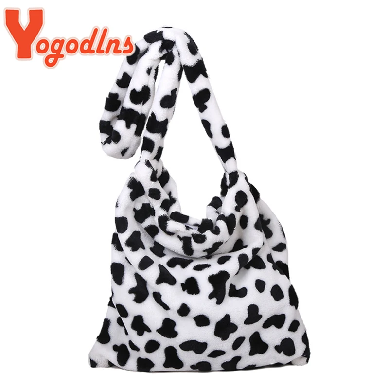 Winter New Plush Shoulder Bag Female Animal Pattern Crossbody Bag Warm Wool Messenger Bag Large Capacity Bucket Handbag