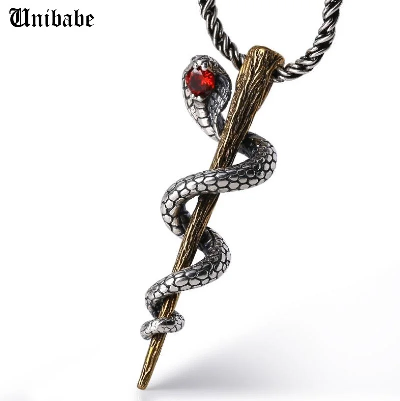 Unibabe Pure Silver Climbing Cobra pendant S925 Sterling Silver Snake Pendent 925 Sterling Silver Rod and cobra Pendant