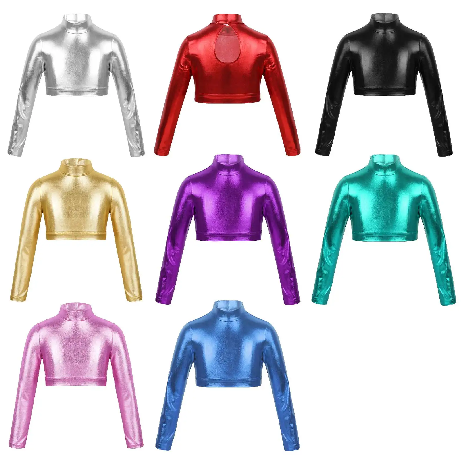 Top corto metálico brillante de manga larga para niños y niñas, ropa de Rave, camisetas cortas de cuello falso, ropa de entrenamiento para escenario y actuaciones