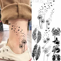 Tatuajes temporales de pies de diente de león pequeño negro para mujeres adultas, pluma espartana, tatuaje falso realista, calcomanía de arte corporal