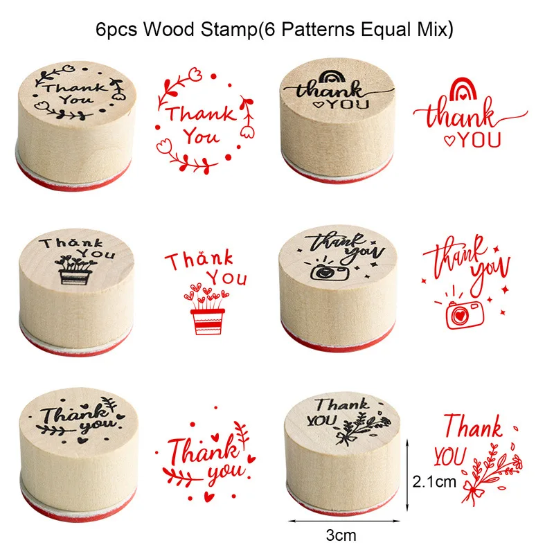 6pcs Wood Rubber Stamps Thank You Round Wooden Stamp DIY Craft Scrapbooking Stamping Birthday Party Wedding Christmas Decoration