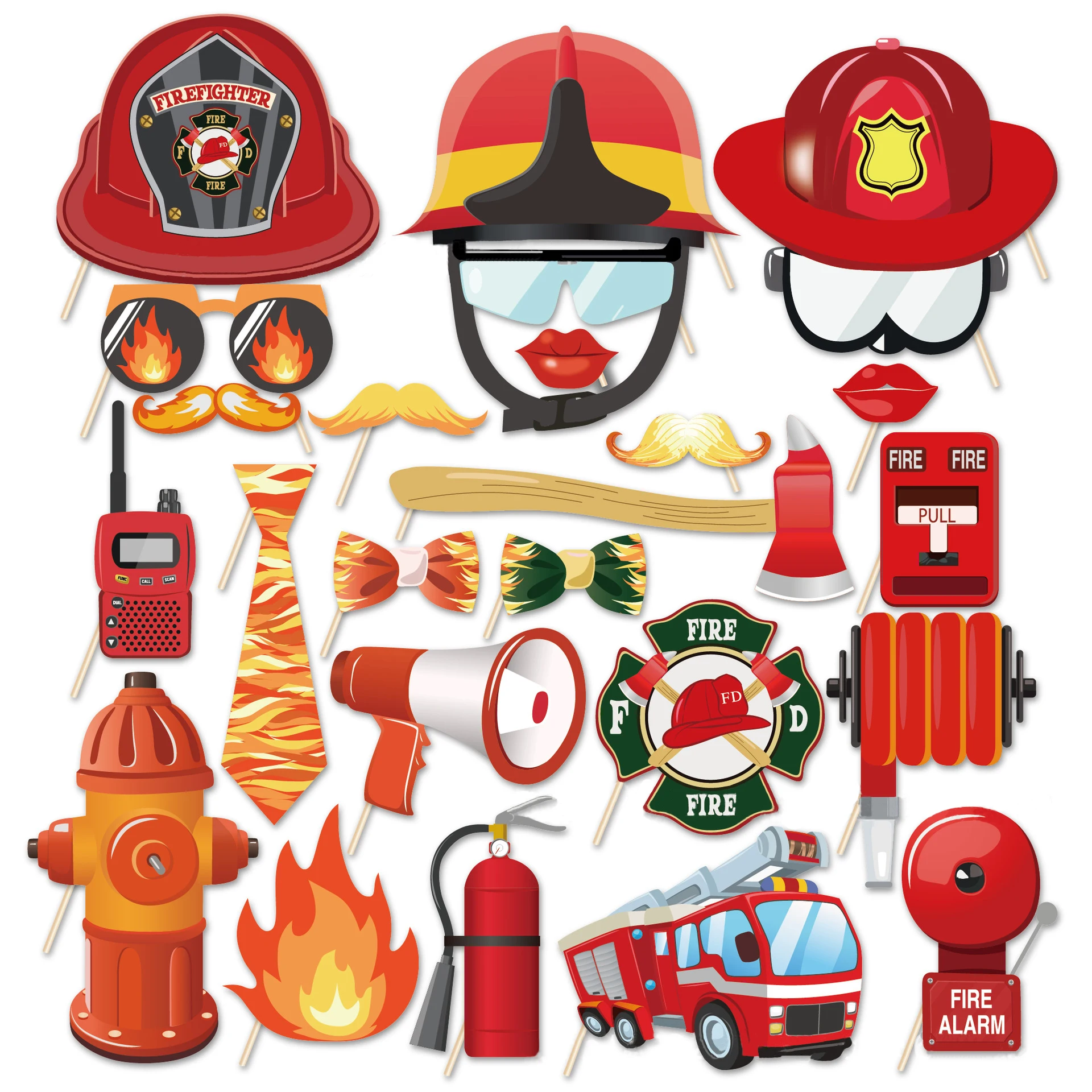 25pcs Fireman DIY Photo Booth Props Baby Shower Firefighter Party Decor Photobooth Prop Happy Birthday Party Decor Mustache Prop