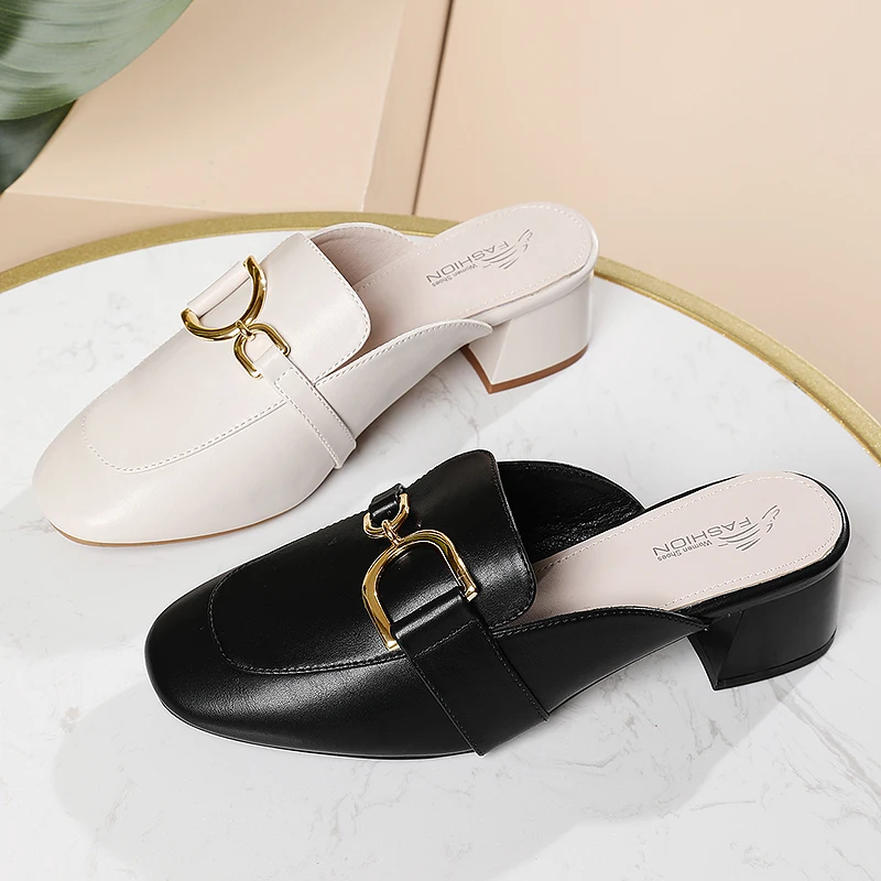 

New Women High Heels Slippers Ladies Fashion Casual Metal Decoration Joker Leather Shoes