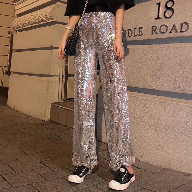 Hologram Pants Shine Bling Bling Sequins Glitter Loosen Pants High Street Club Party Show  Flare Trousers Harajuku Korean Chic