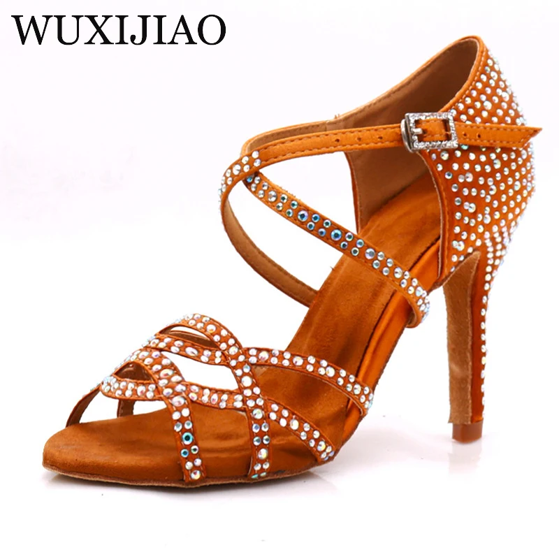 WUXIJIAO women\'s Latin dance shoes color satin sequins rhinestones Cuban high heels 9cm